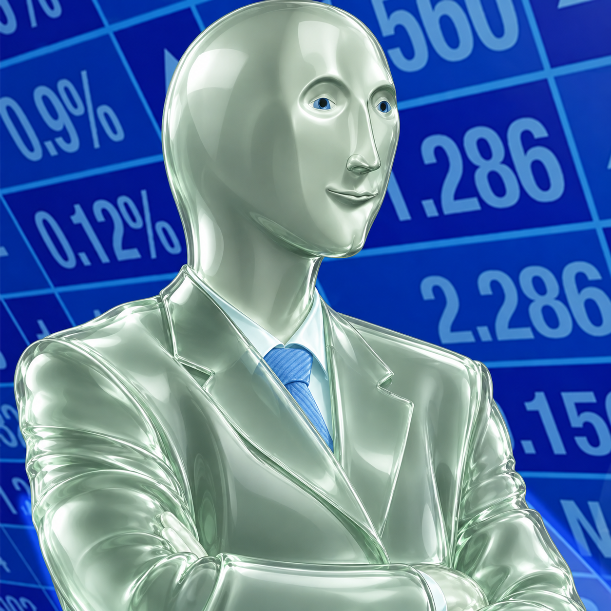 The original silver Pons figure standing before a blue market board